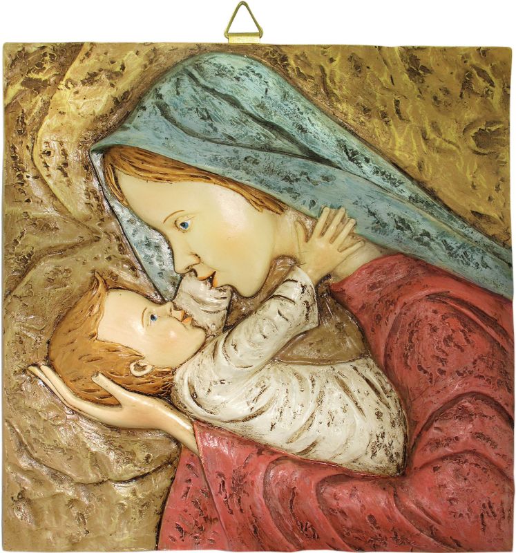quadro madonna con bambino quadrato in resina dipinta a mano - bassorilievo - 7 x 7 cm 