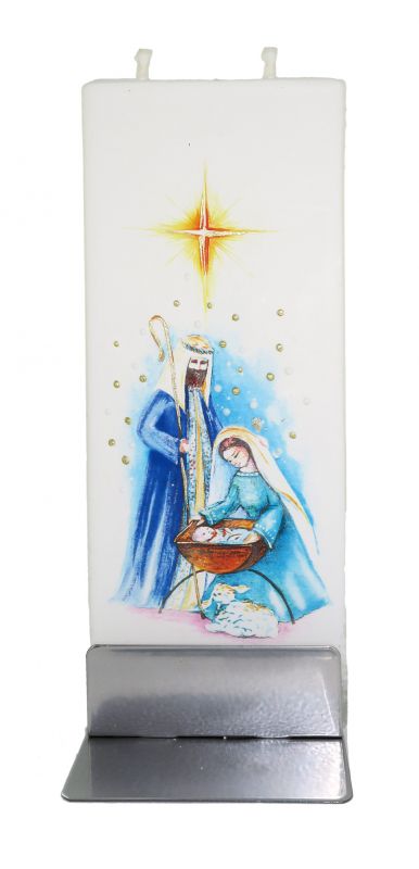 candela natalizia in cera bianca con natività 15 x 6 cm