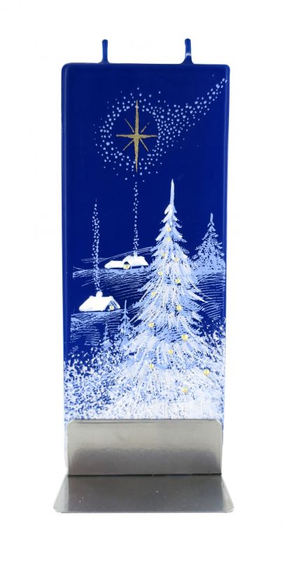 candela natalizia in cera blu con paesaggio innevato 15 x 6 cm