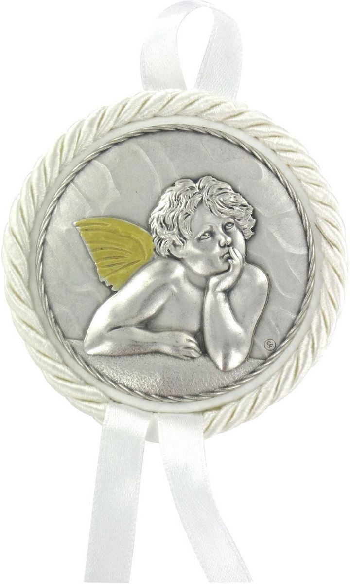 sopraculla in pelle con medaglia in metallo raffigurante un angelo cherubino (bianco) Ø 7 cm