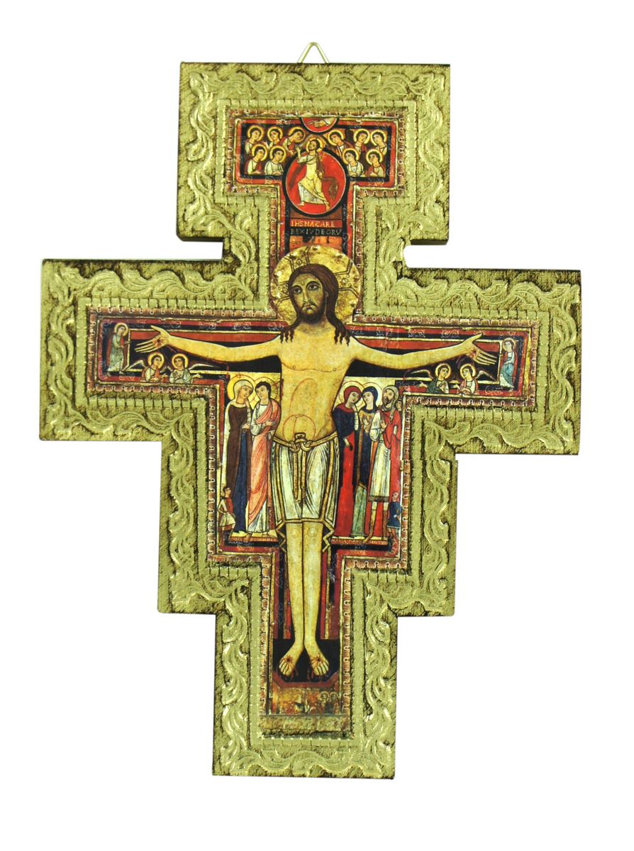 crocifisso san damiano da parete stampa su legno bordo oro - 19,5 x 15 cm