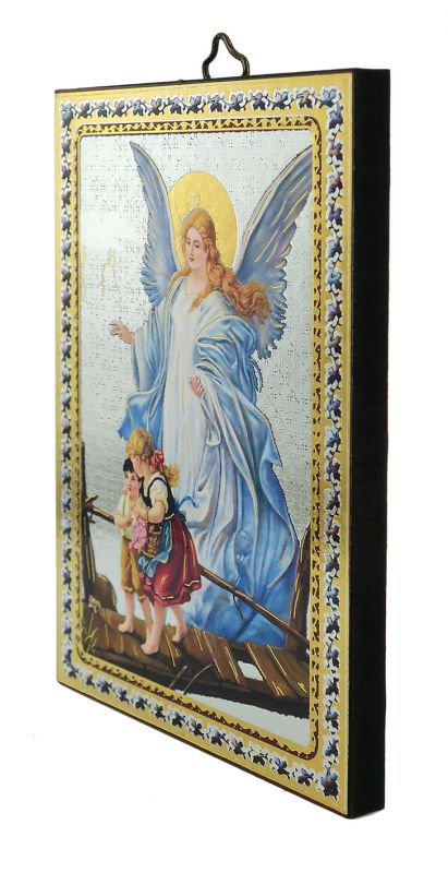 tavola angelo custode in legno con lavorazione in oro e argento a caldo - 10 x 14 cm