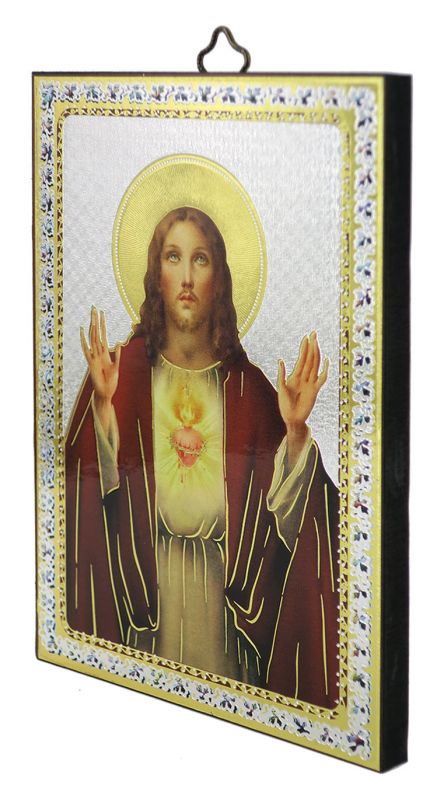 quadretto del sacro cuore di gesù, tavola in legno con stampa cartacea - 10 x 14 cm