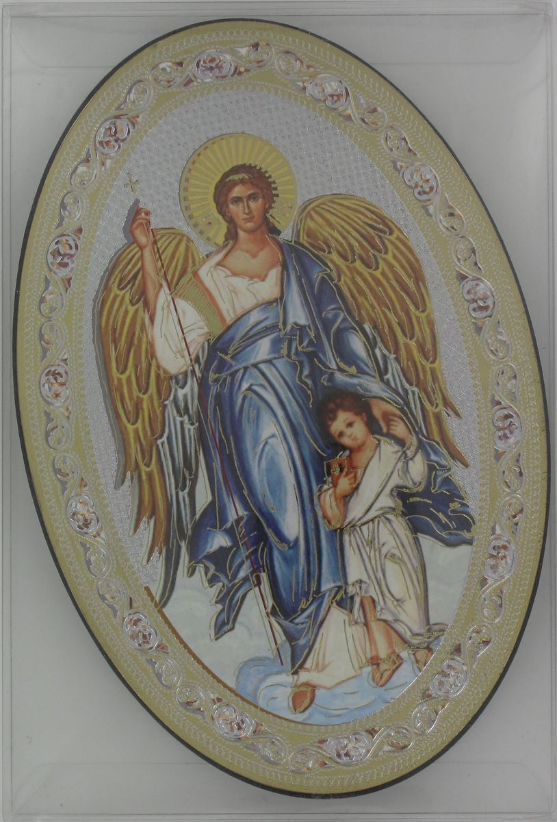 icona angelo custode stampa su legno ovale - 12 x 18 cm