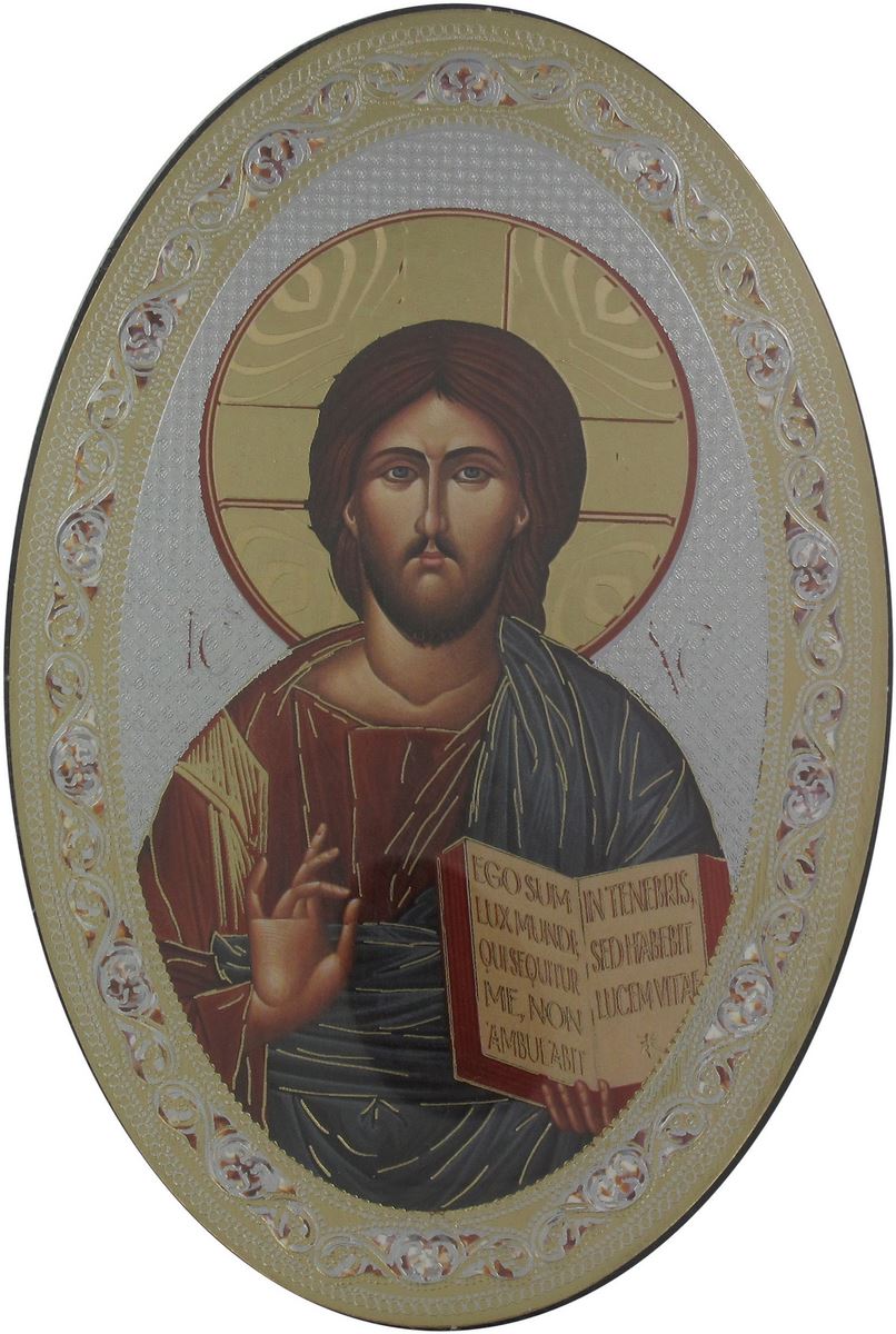 icona cristo con libro aperto stampa su legno ovale - 12 x 18 cm