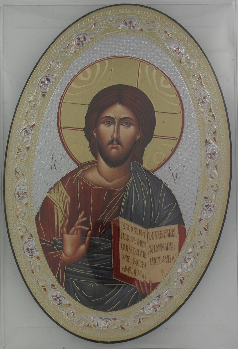 icona cristo con libro aperto stampa su legno ovale - 12 x 18 cm