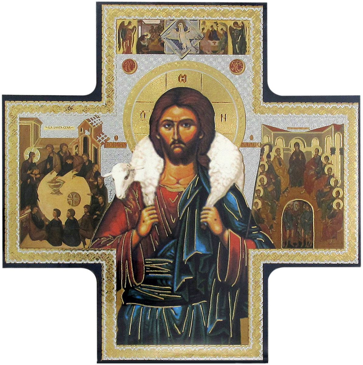 croce icona buon pastore stampa su legno - 15 x 15 cm