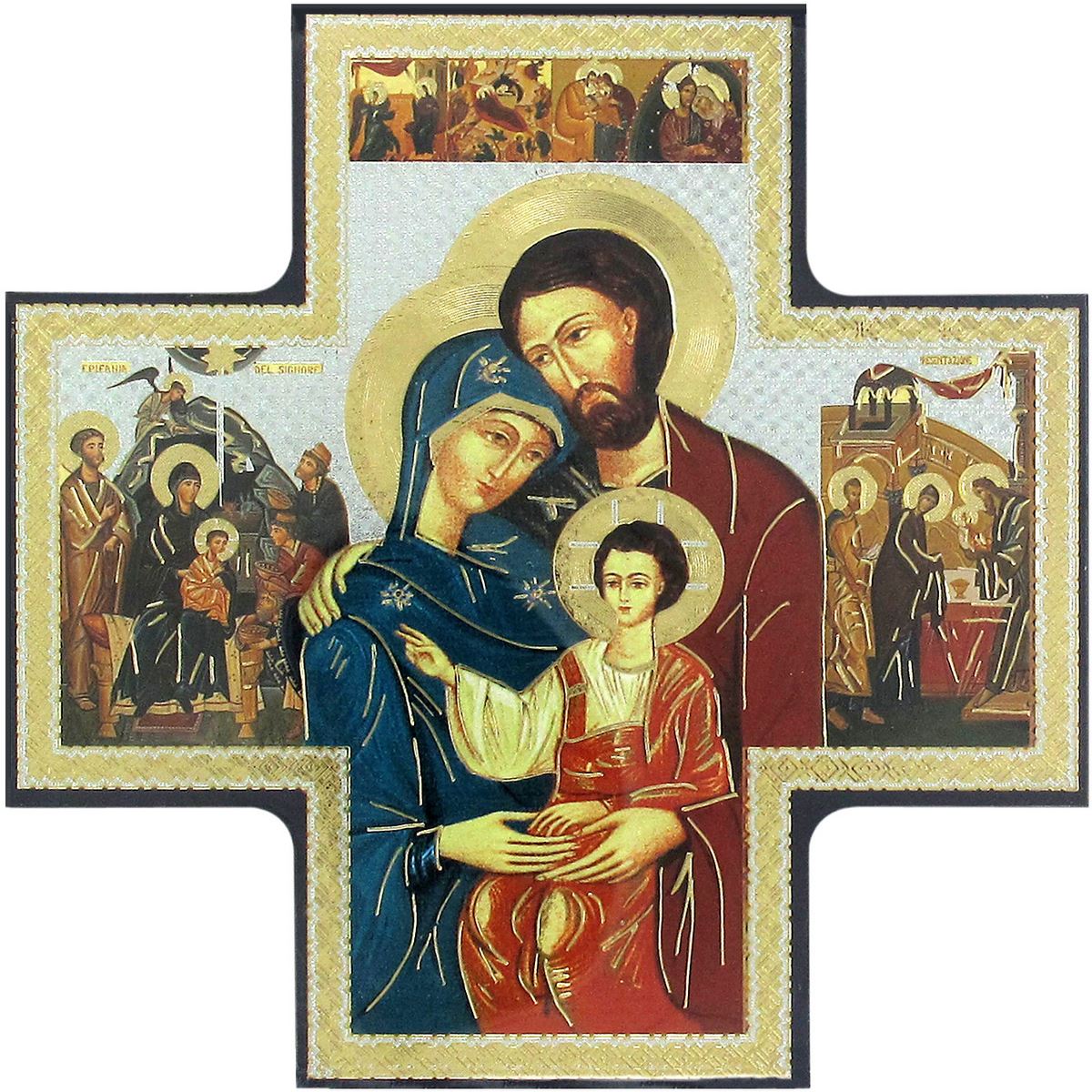 croce icona sacra famiglia in legno - 15 x 15 cm