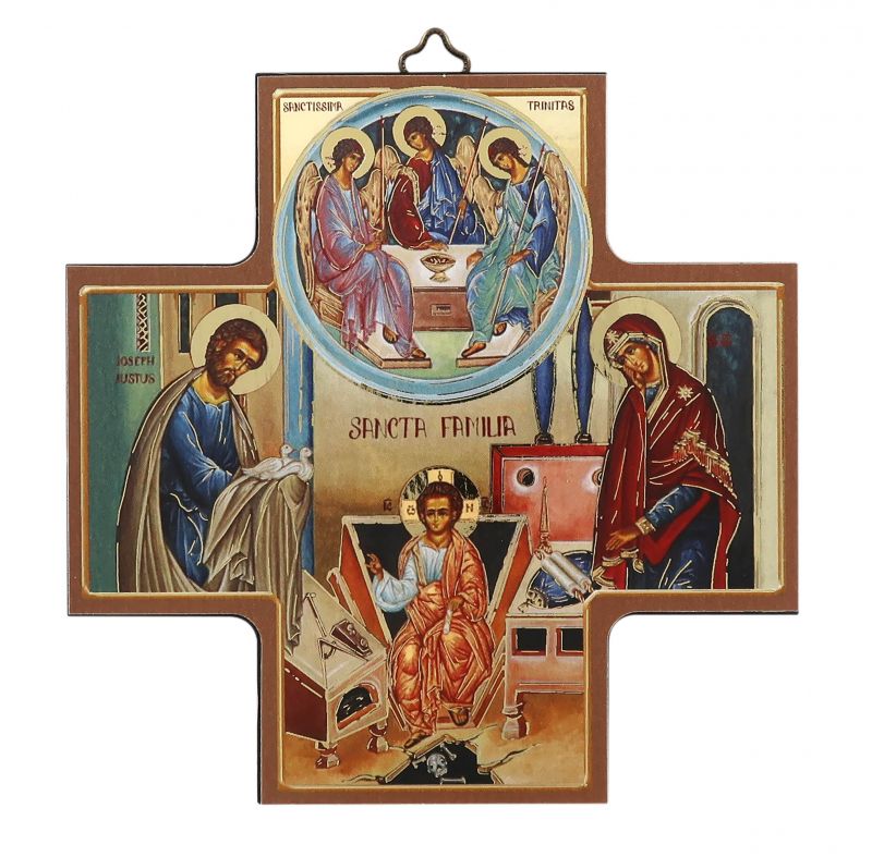croce icona sacra famiglia in legno - 15 x 15 cm