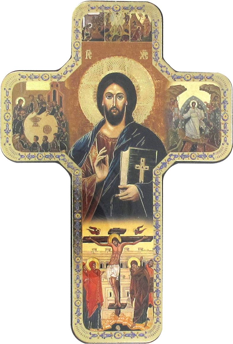 croce icona cristo con libro chiuso stampa su legno - 18 x 12 cm 