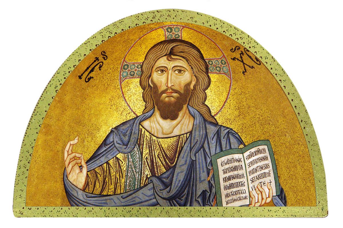 tavola cristo pantocratore stampa su legno ad arco - 18 x 12 cm
