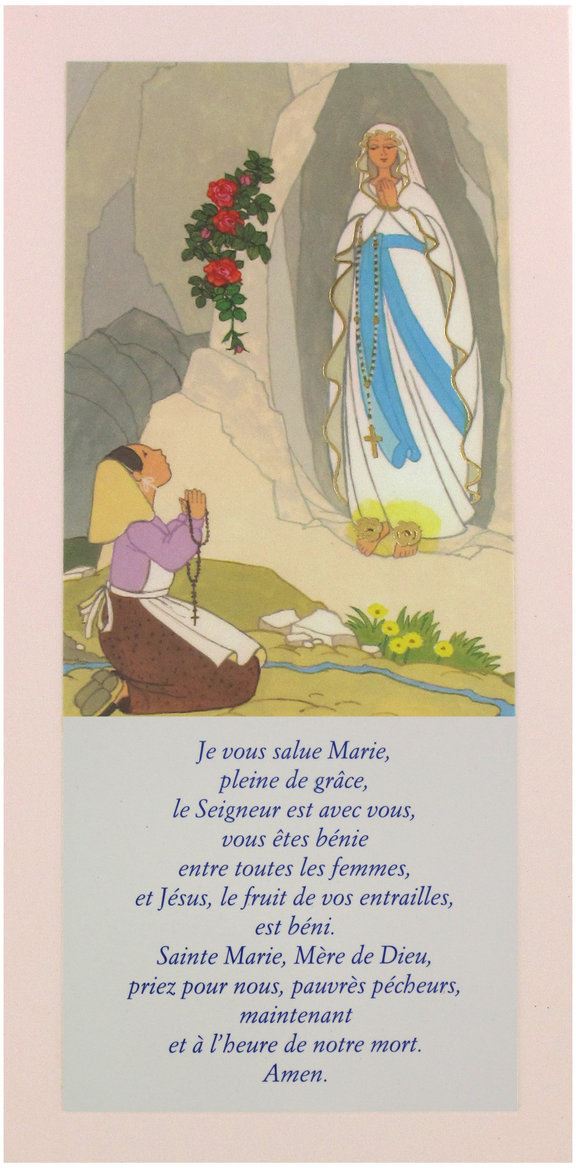 tavola lourdes con preghiera ave maria in francese su legno rosa - 26 x 12,5 cm   