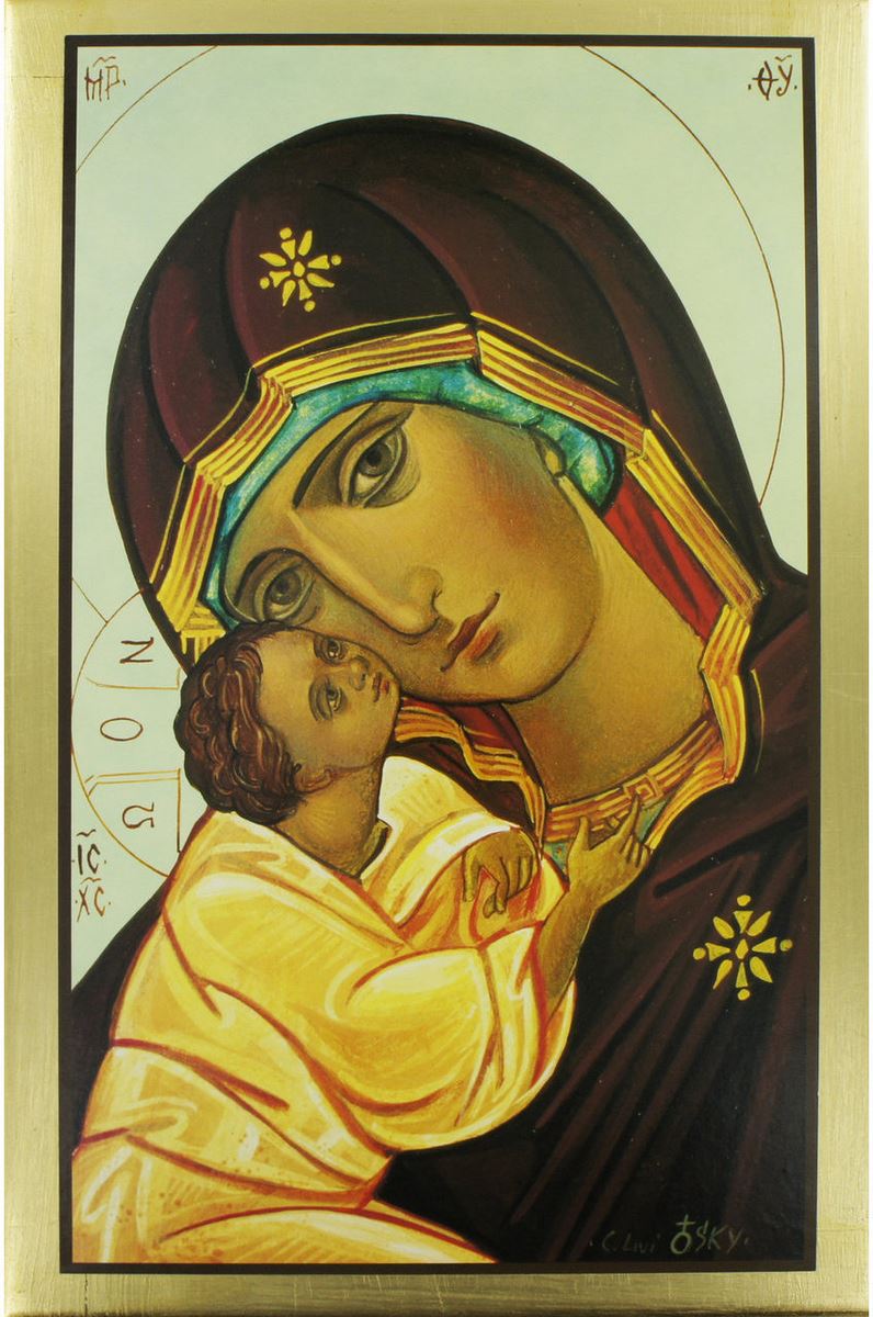 icona madonna col bambino stampa su quadro in legno con bordo dorato - 33 x 22 cm