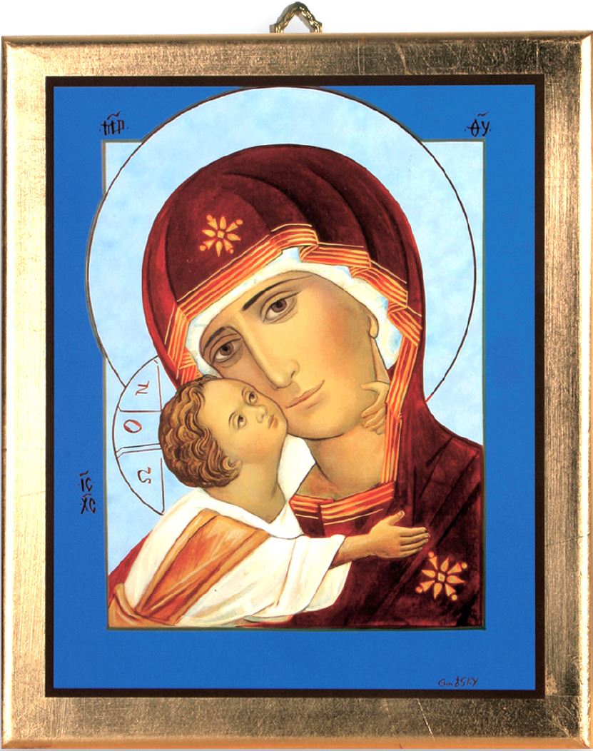 icona madonna col bambino stampa su quadro in legno con bordo dorato - 29 x 24 cm