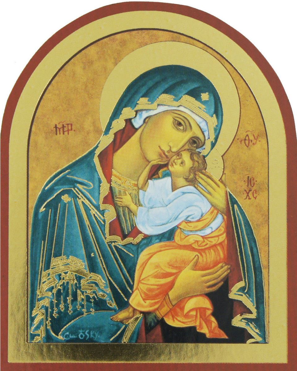 quadro madonna della tenerezza con manto azzurro stampa su legno ad arco - 10 x 7,5 cm