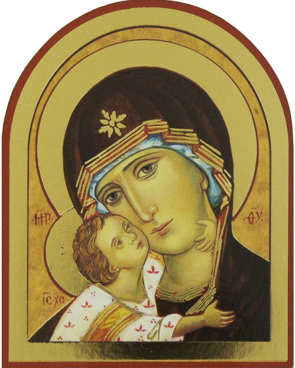 quadro madonna della tenerezza con manto nero stampa su legno ad arco - 10 x 7,5 cm