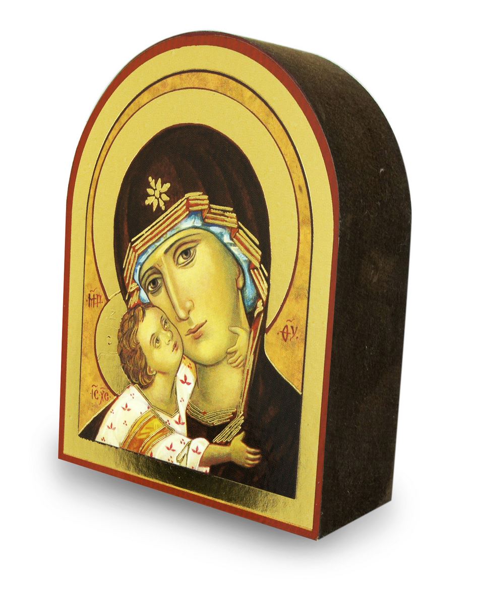 quadro madonna della tenerezza con manto nero stampa su legno ad arco - 10 x 7,5 cm