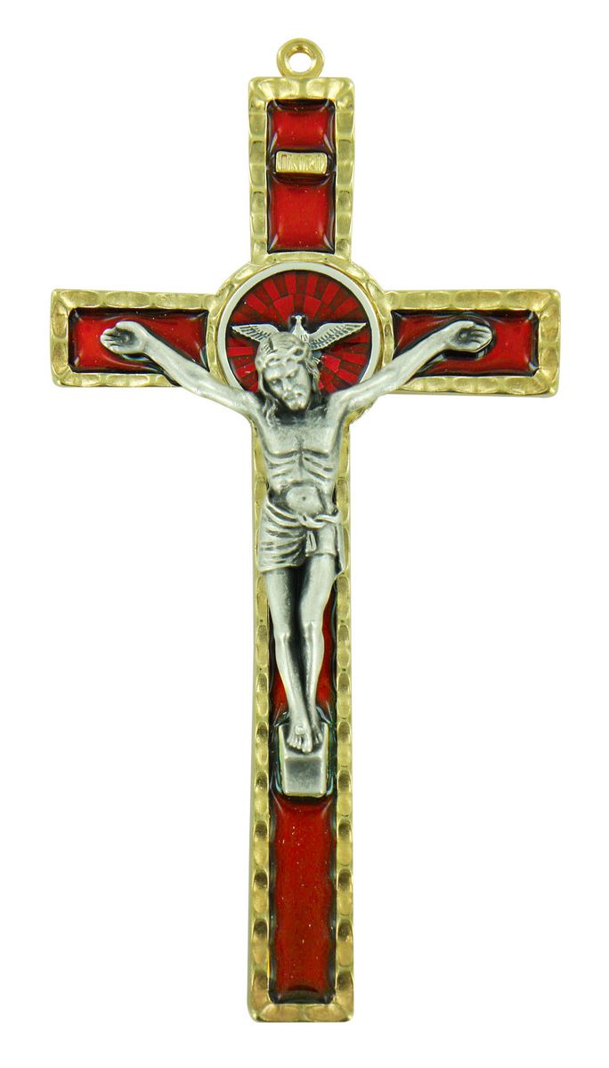 crocifisso da parete spirito santo in metallo con smalto rosso - 17 cm