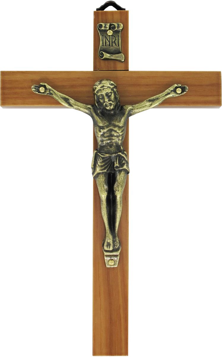 crocifisso da parete in legno d'ulivo con cristo in metallo ossidato, crocifisso da appendere al muro, modello classico semplice, 17 cm