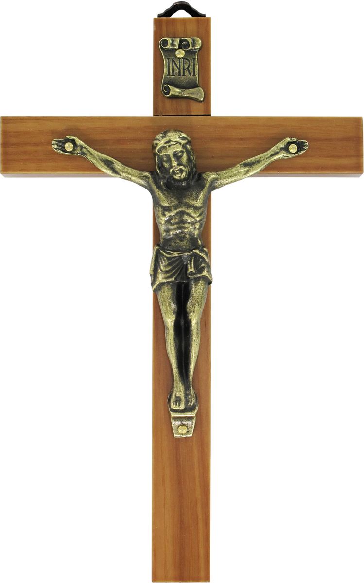 crocifisso da parete in legno d'ulivo con cristo in metallo ossidato, crocifisso da appendere al muro, modello classico semplice, 20 cm