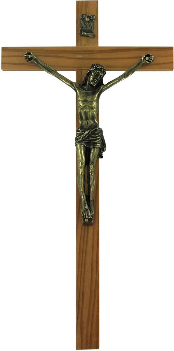 crocifisso da parete in legno d'ulivo con cristo in metallo ossidato, crocifisso da appendere al muro, modello classico semplice, 30 cm