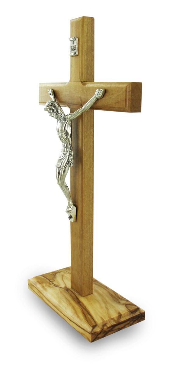 crocifisso da tavolo con base, croce in legno d'ulivo con cristo in metallo ossidato, crocifisso con piedistallo da appoggiare su altari, scrivanie e mensole, altezza croce 19 cm