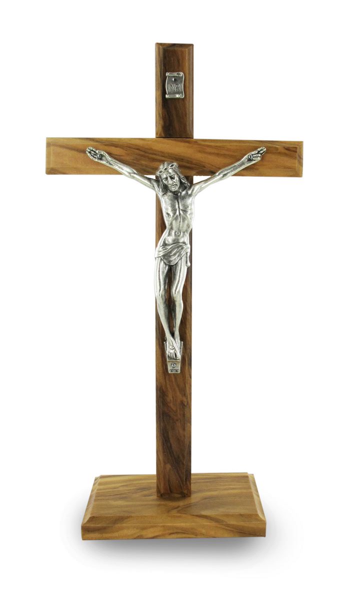 crocifisso da tavolo con base, croce in legno d'ulivo con cristo in metallo ossidato, crocifisso con piedistallo da appoggiare su altari, scrivanie e mensole, altezza croce 22 cm