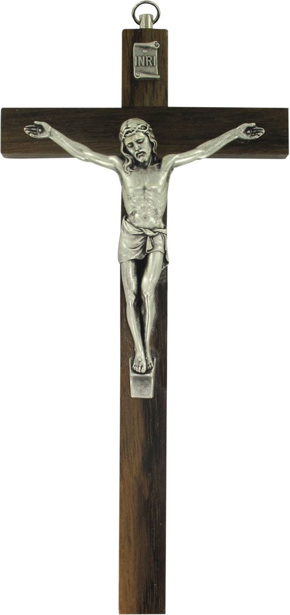 crocifisso tradizionale da parete, croce in legno di noce e corpo di cristo in metallo, 20 cm