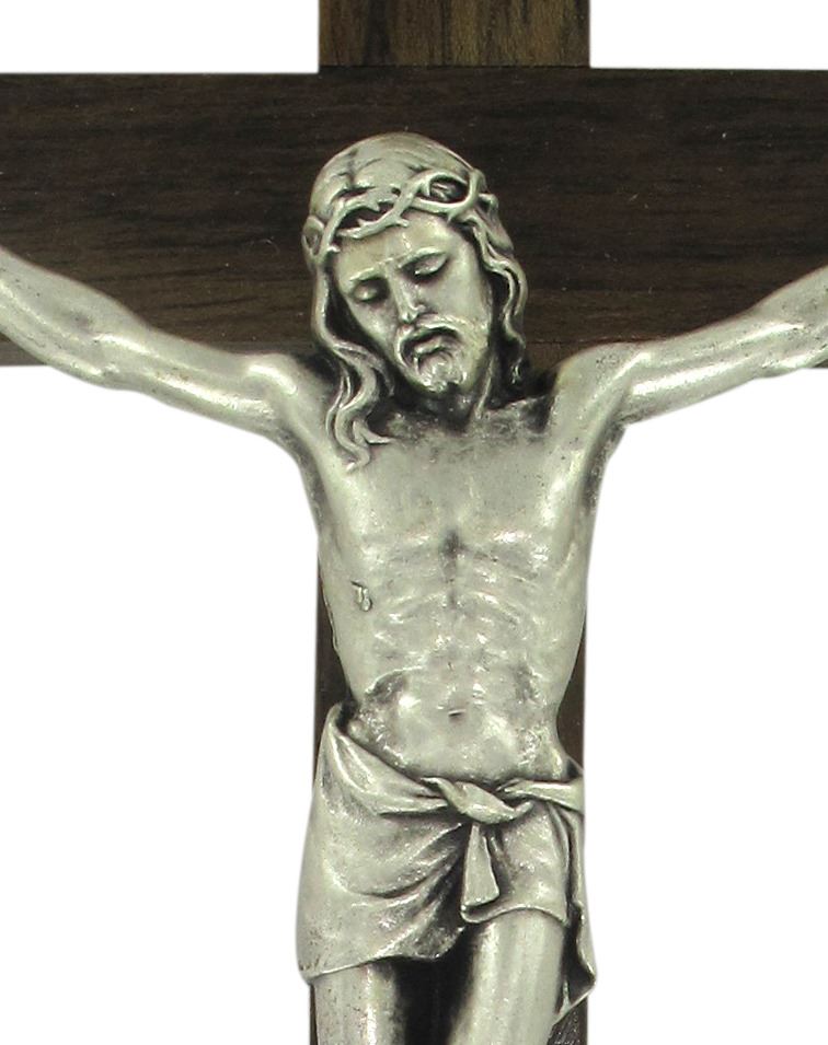 crocifisso tradizionale da parete, croce in legno di noce e corpo di cristo in metallo, 30 cm