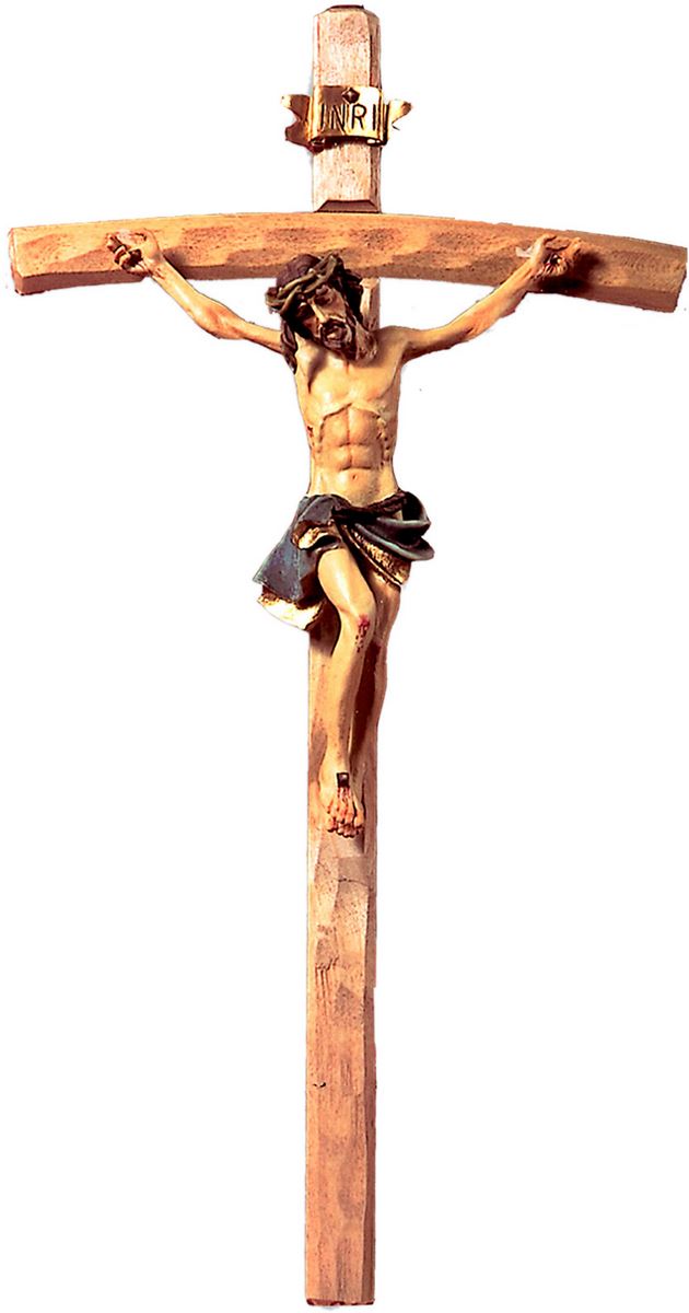 crocifisso da parete, corpo di cristo in resina e croce in legno a rifinitura grezza, altezza 75 cm