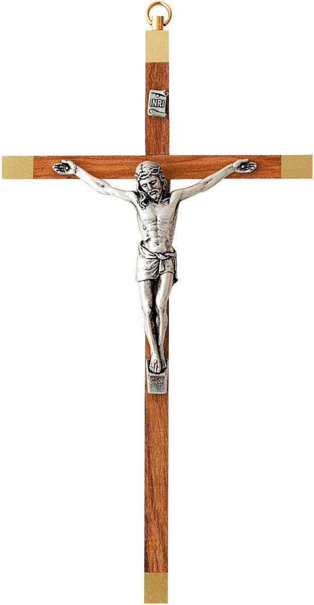crocifisso da parete in legno di ulivo con cristo in metallo argentato - 23 cm