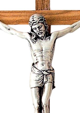 crocifisso da parete in legno di ulivo con cristo in metallo argentato - 23 cm