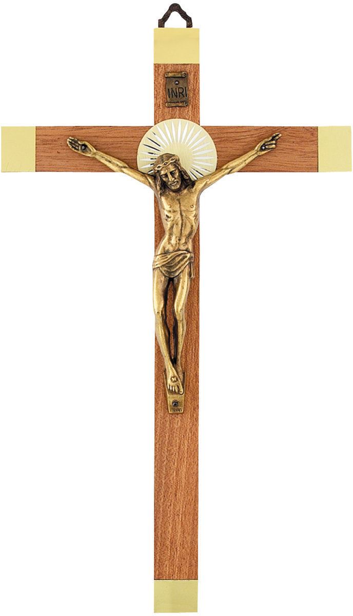 crocifisso da parete in legno con cristo in metallo brunito - 17 cm