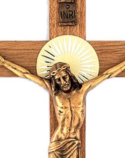 crocifisso da parete in legno con cristo in metallo brunito - 17 cm