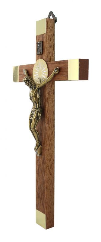 crocifisso da parete in legno con cristo in metallo brunito - 17 cm