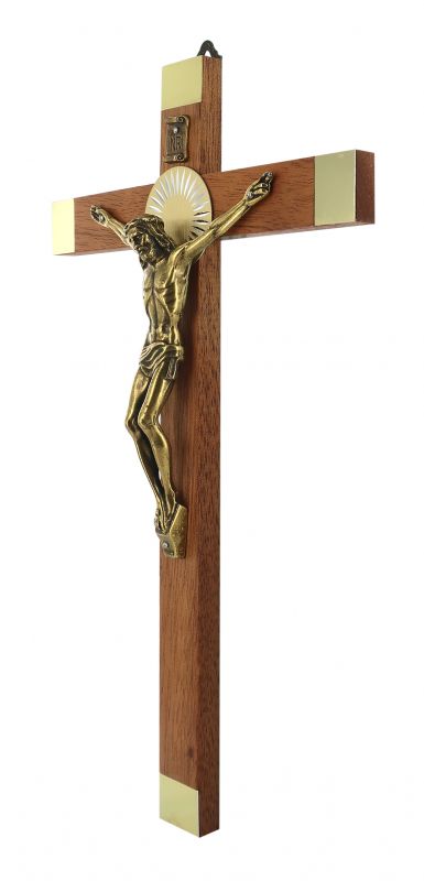 crocifisso da parete in legno con cristo in metallo brunito - 25 cm