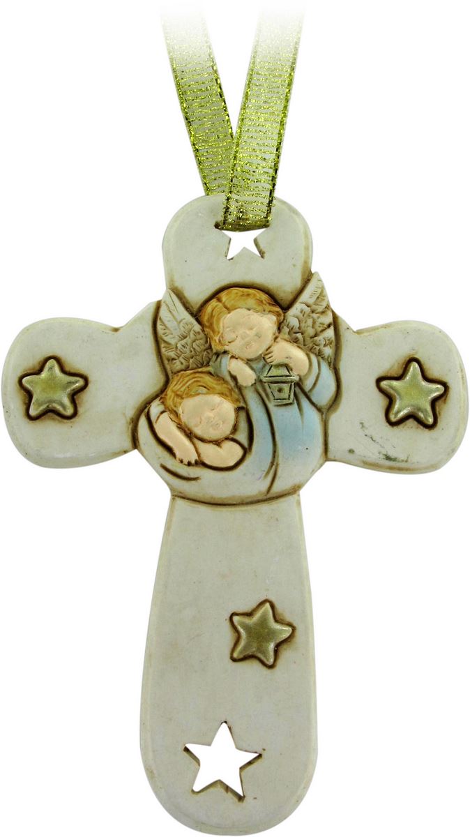 bomboniera battesimo: croce in resina con angelo custode - 8,5 cm