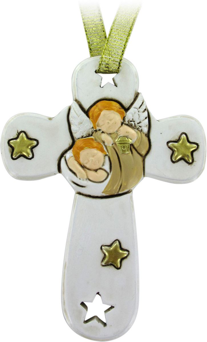 bomboniera battesimo: croce in resina bianca con angelo custode - 8,5 cm