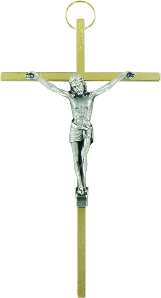 crocifisso da parete classico, croce in metallo color oro e corpo di cristo in metallo nichelato, 20 centimetri