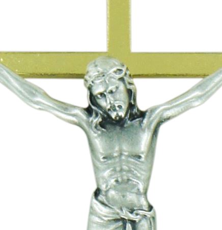 crocifisso da parete classico, croce in metallo color oro e corpo di cristo in metallo nichelato, 20 centimetri