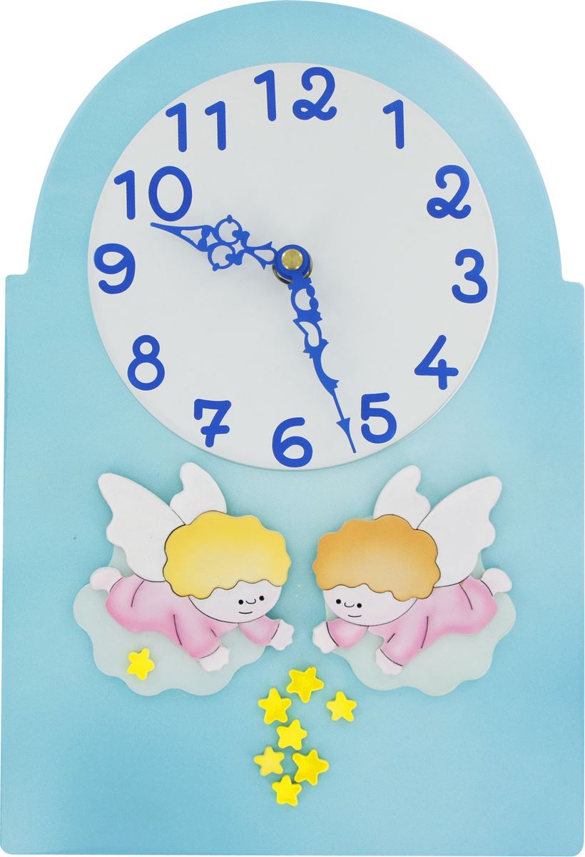 ferrari & arrighetti pala bassorilievo orologio con angeli da appendere al muro / parete, quadretto per bimbi a forma di pala in legno, idea regalo per bambini, 30 x 20 cm