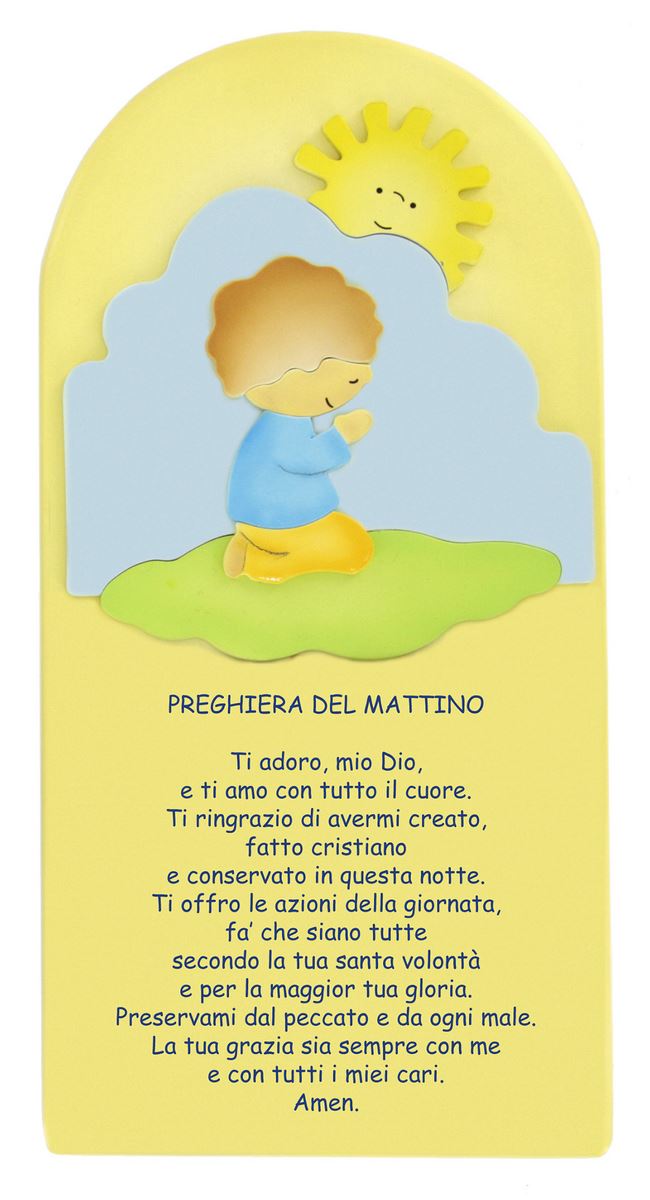 ferrari & arrighetti quadretto per bimbi, quadro con preghiera del mattino in legno colorato giallo da appendere al muro / parete, idea regalo per bambini, 28 x 14 cm