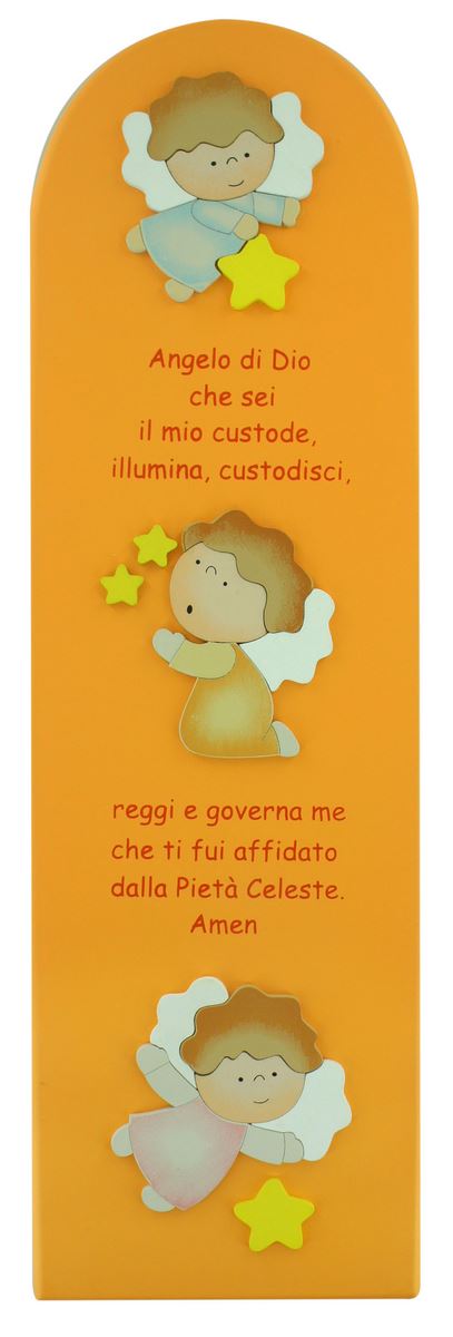 ferrari & arrighetti quadretto per bimbi, quadro con preghiera angelo di dio con 3 angeli in legno colorato arancione da appendere al muro / parete, idea regalo per bambini, 43 x 13 cm