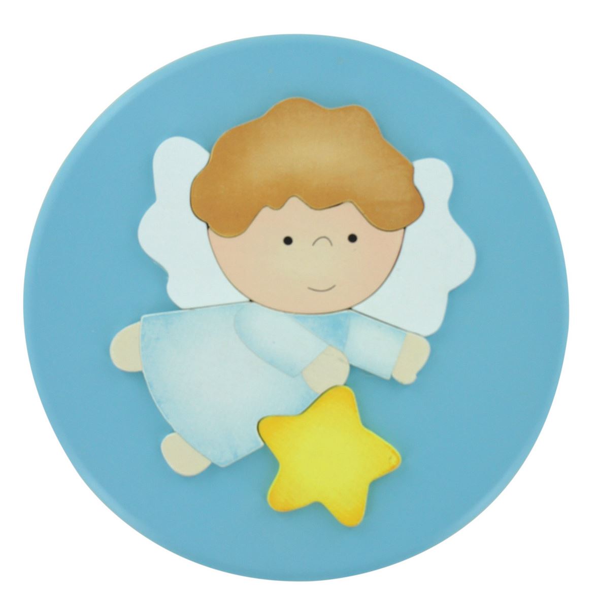 ferrari & arrighetti quadretto per bimbi, quadro con angioletto per bambini in legno colorato azzurro da appendere al muro / parete, forma tonda, idea regalo per bambini, 16 cm