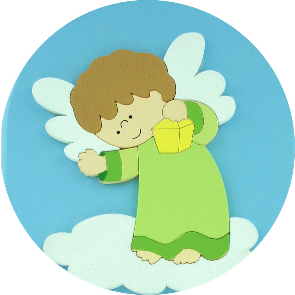 ferrari & arrighetti quadretto per bimbi, quadro preghiera angelo di dio in legno azzurro con angelo verde da appendere al muro / parete, idea regalo per bambini e ragazzi del catechismo, 28 x 12 cm