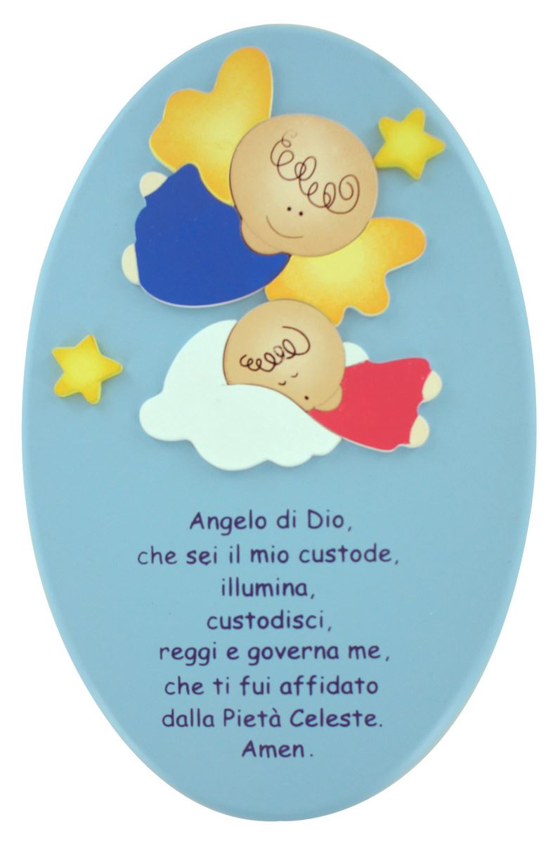 ferrari & arrighetti quadretto per bimbi, quadro con preghiera angelo di dio in legno azzurro da appendere al muro / parete, idea regalo per bambini e ragazzi del catechismo, forma ovale, 23 x 14 cm