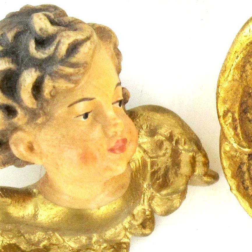 coppia testine angeli in legno di acero dipinto a mano con finiture in oro zecchino - 7 cm