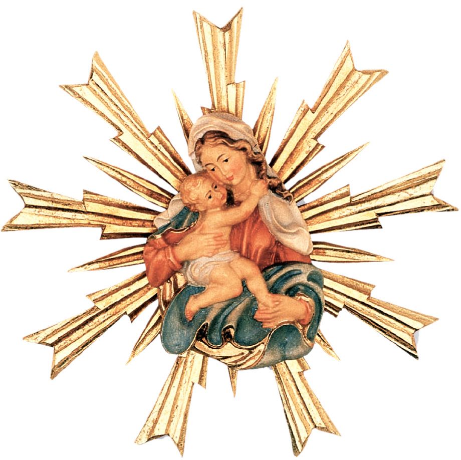 madonna con bambino in legno di acero e raggi dipinta a mano - 9 cm