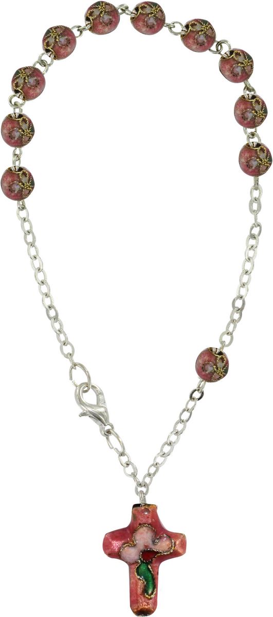braccialetto cloisonnè con 11 grani da Ø 5 mm e croce - rosa