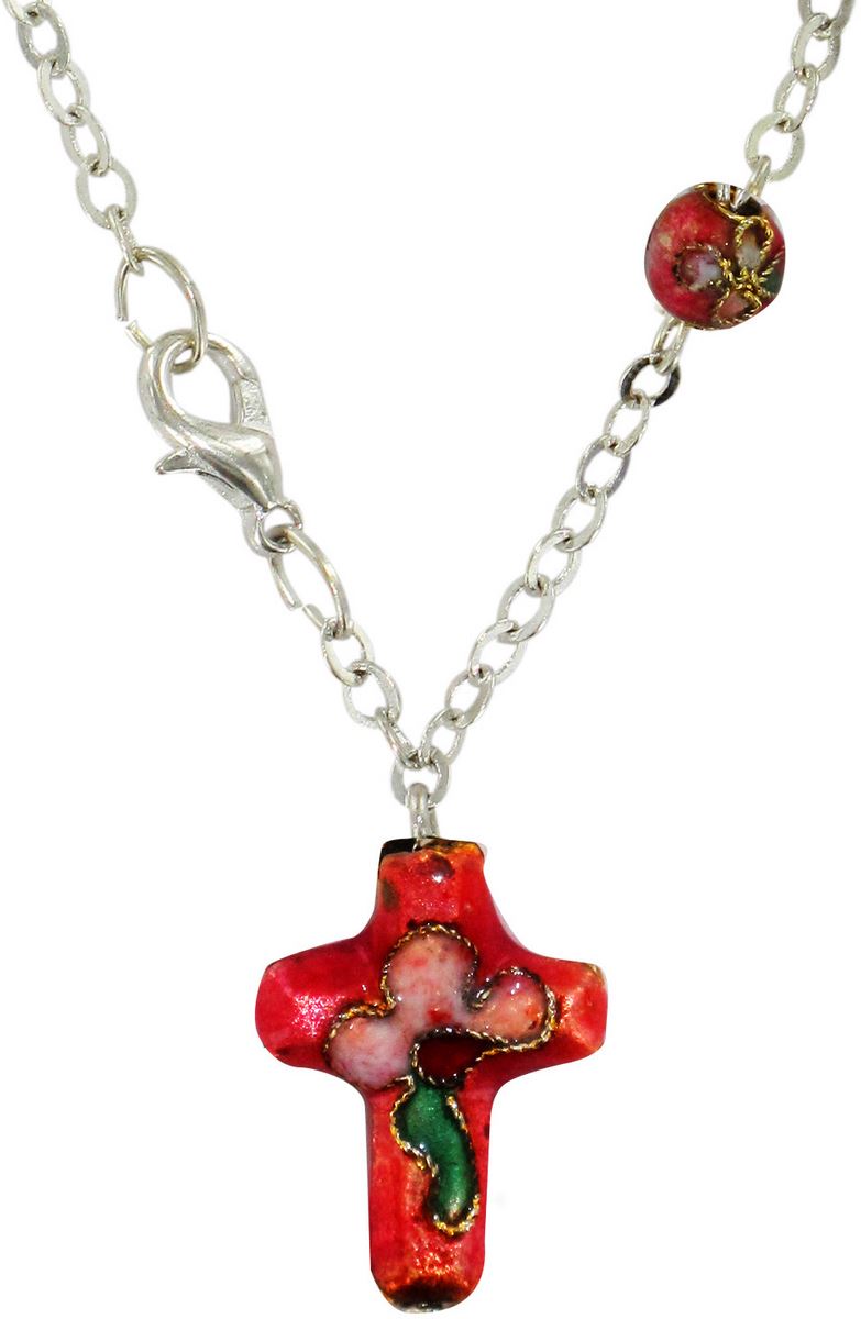 braccialetto cloisonnè con 11 grani da Ø 5 mm e croce - rosso